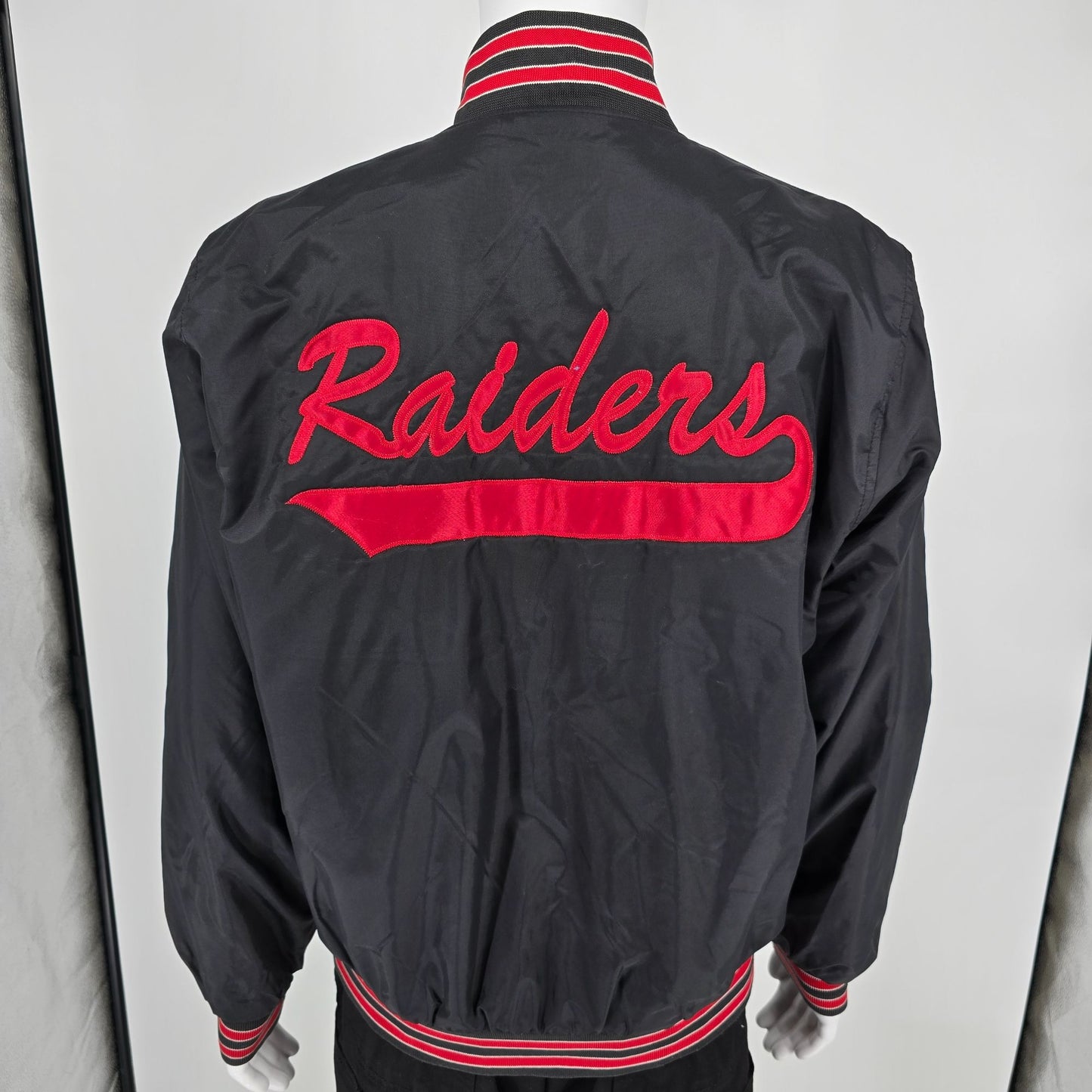 Vintage 2000s Catholic Central Raiders "Faith" Nylon Satin Bomber Jacket (L)