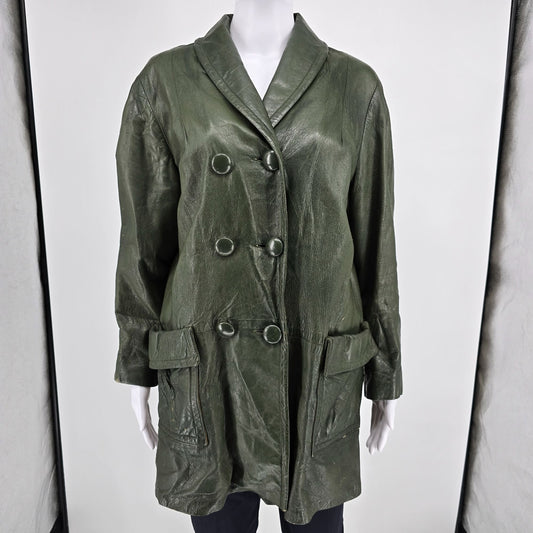Vintage 1970s Unbranded Double-Breasted Green Leather Shawl Collar Car Coat (L)