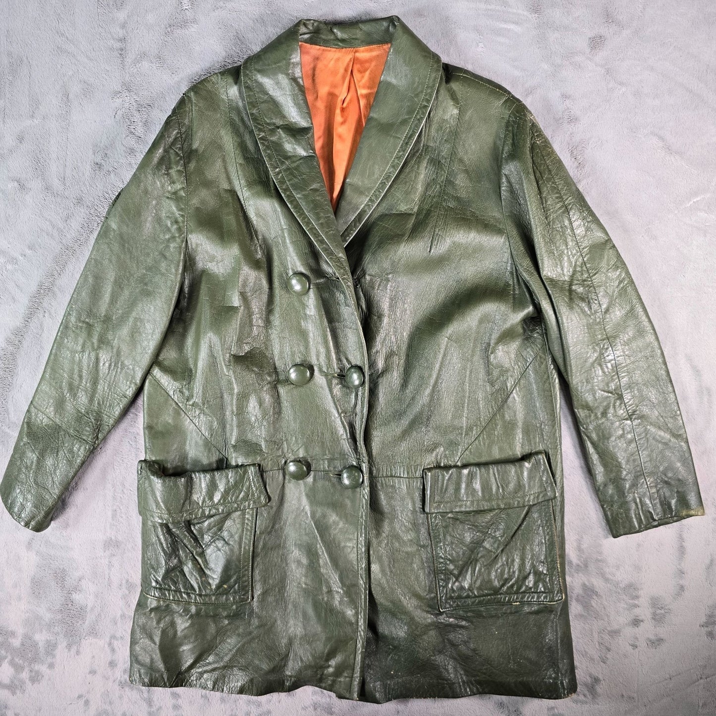 Vintage 1970s Unbranded Double-Breasted Green Leather Shawl Collar Car Coat (L)