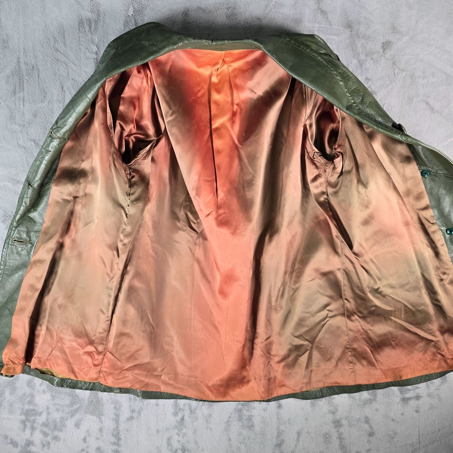 Vintage 1970s Unbranded Double-Breasted Green Leather Shawl Collar Car Coat (L)