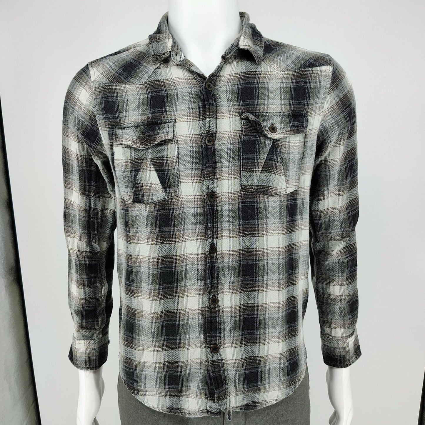 RF Brand Mens Plaid Button-Up Flannel Shirt Long Sleeve Cotton Black/White Size
