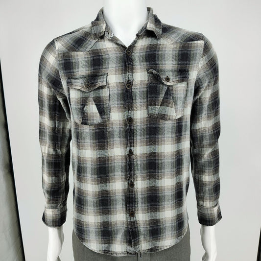 RF Brand Mens Plaid Button-Up Flannel Shirt Long Sleeve Cotton Black/White Size