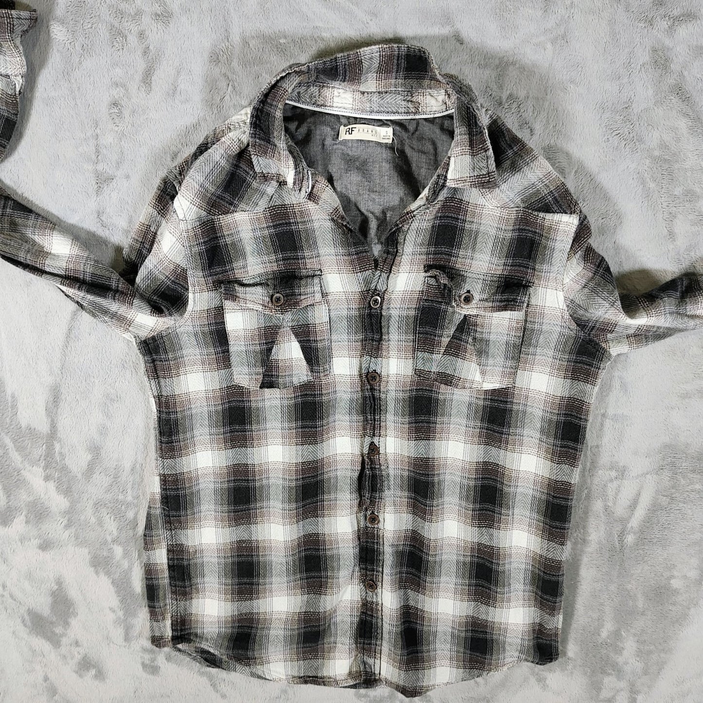 RF Brand Mens Plaid Button-Up Flannel Shirt Long Sleeve Cotton Black/White Size