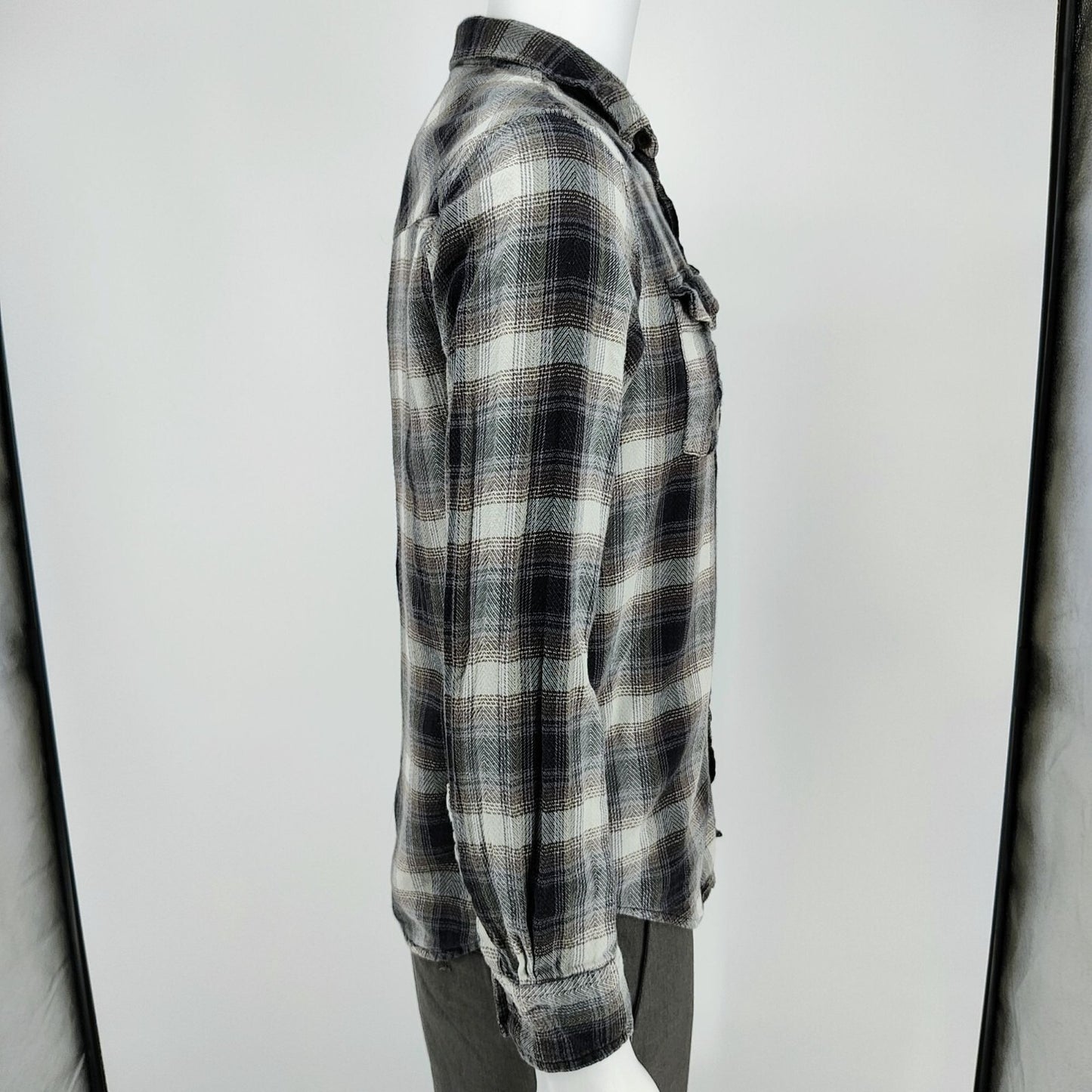 RF Brand Mens Plaid Button-Up Flannel Shirt Long Sleeve Cotton Black/White Size