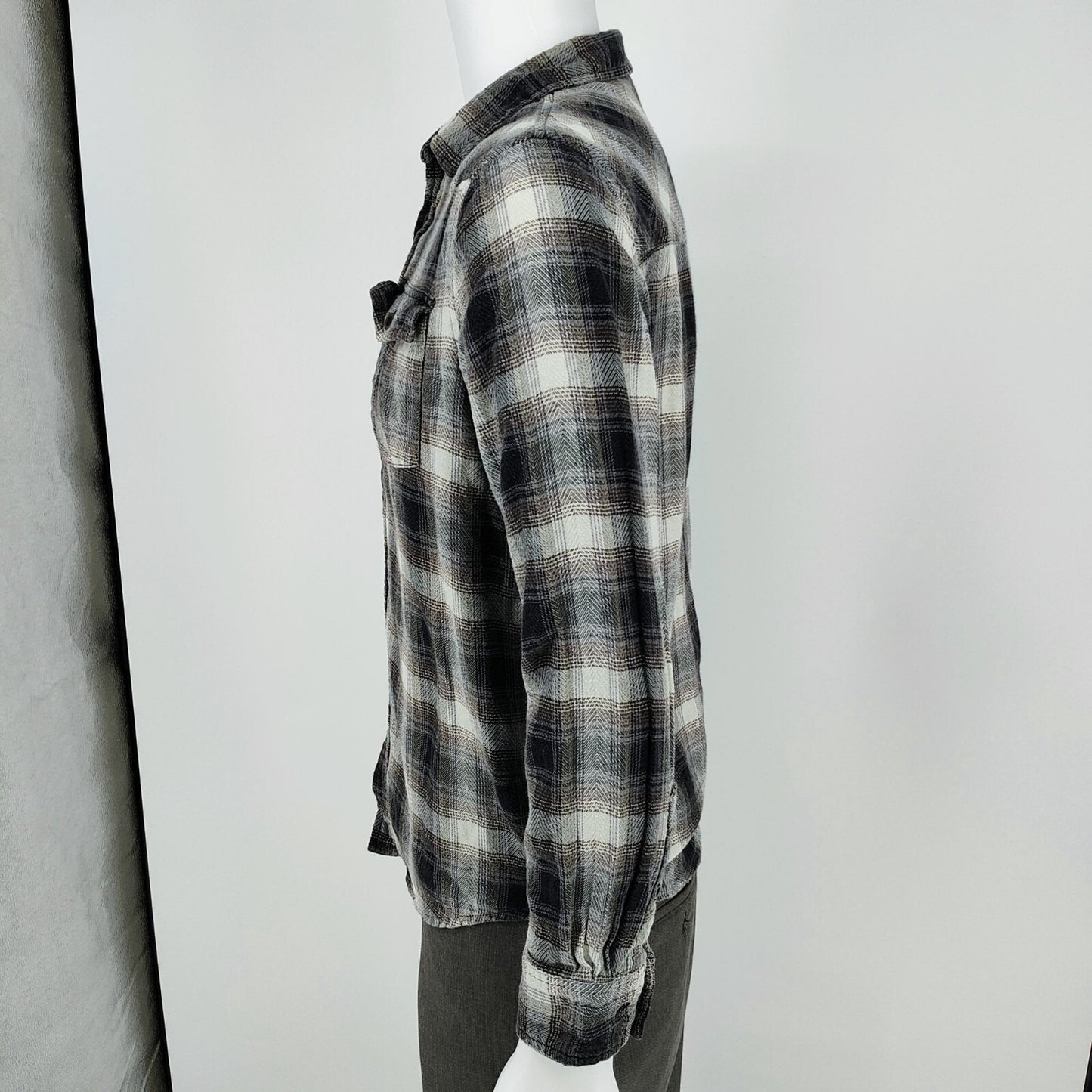 RF Brand Mens Plaid Button-Up Flannel Shirt Long Sleeve Cotton Black/White Size