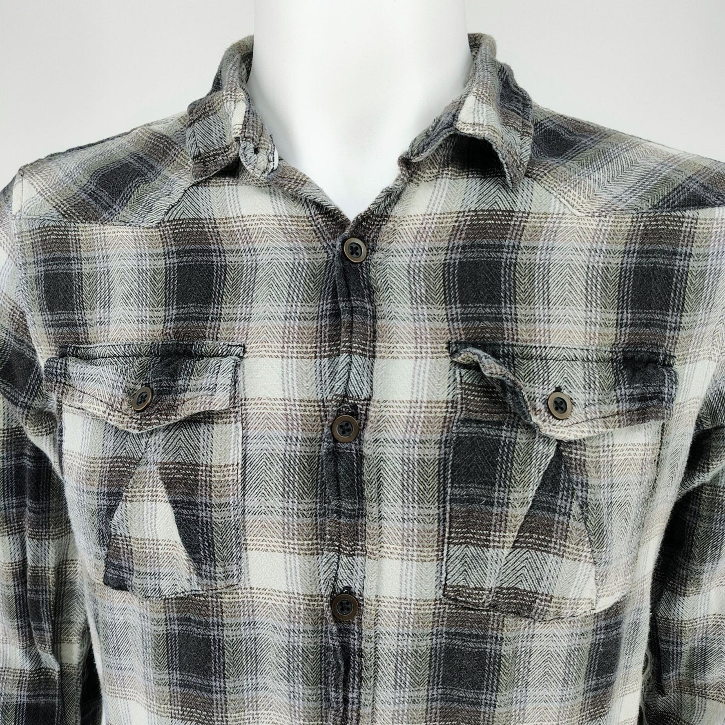 RF Brand Mens Plaid Button-Up Flannel Shirt Long Sleeve Cotton Black/White Size
