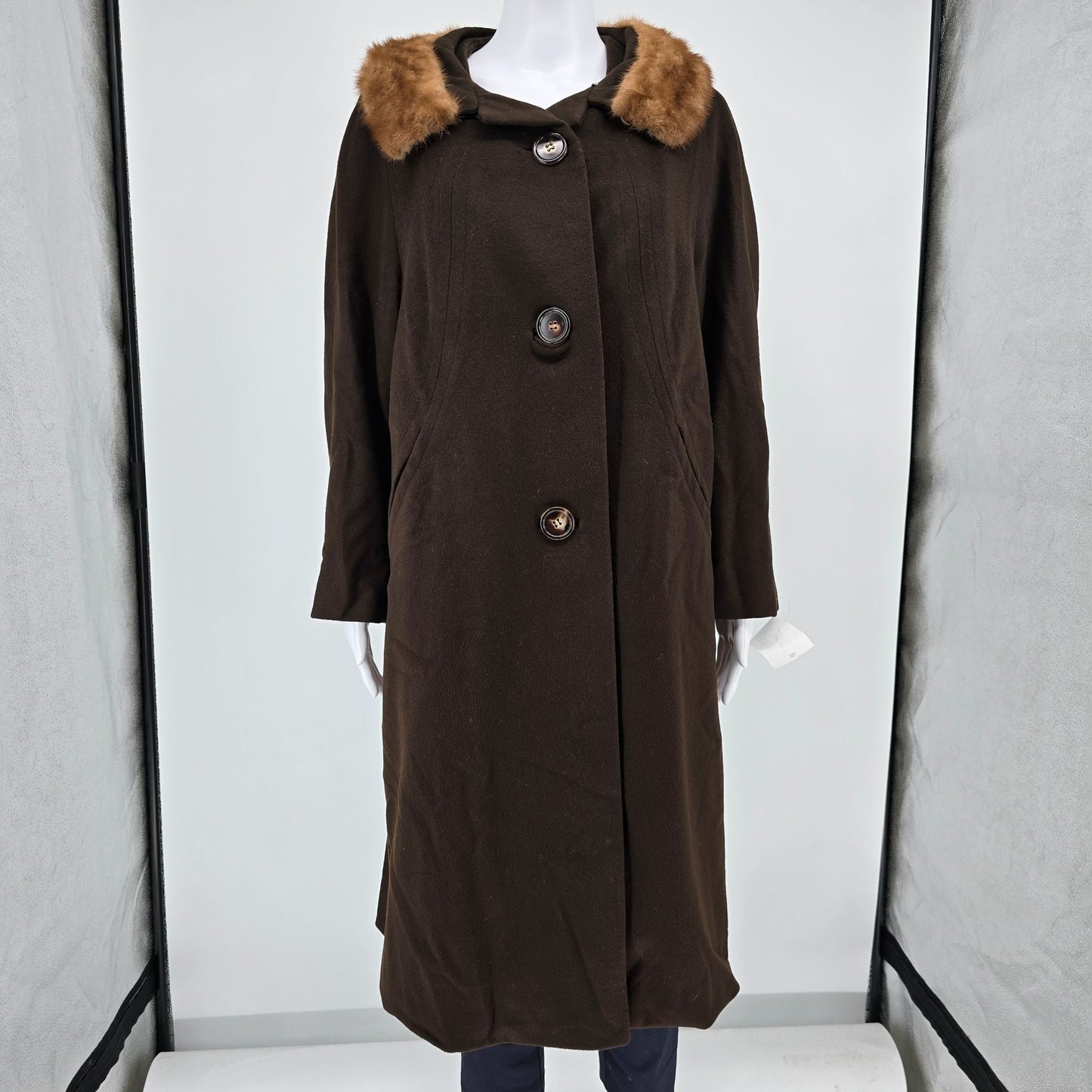 Vintage 1950s Unbranded Chocolate Brown Wool Faux Fur Collar Overcoat (M/L)
