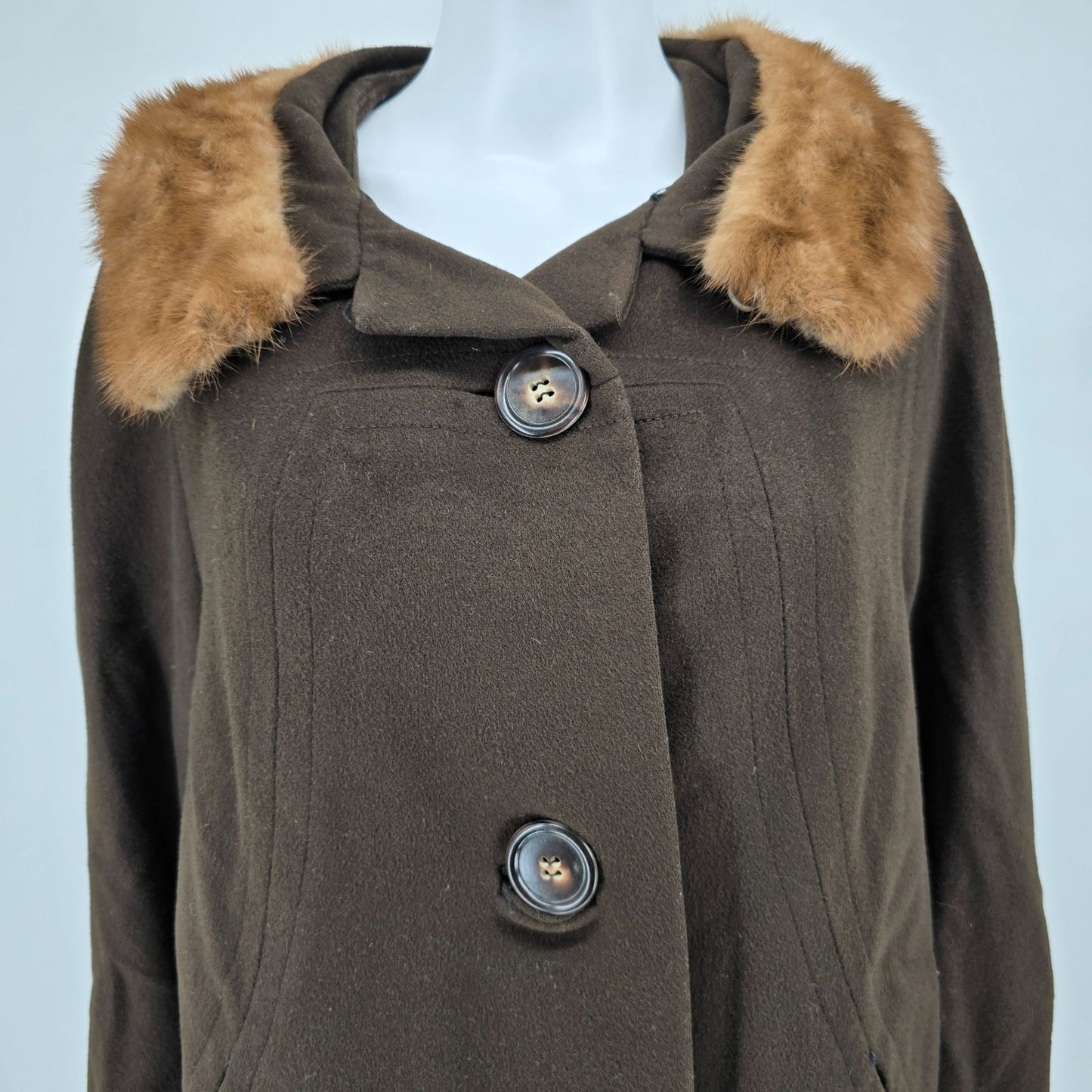 Vintage 1950s Unbranded Chocolate Brown Wool Faux Fur Collar Overcoat (M/L)