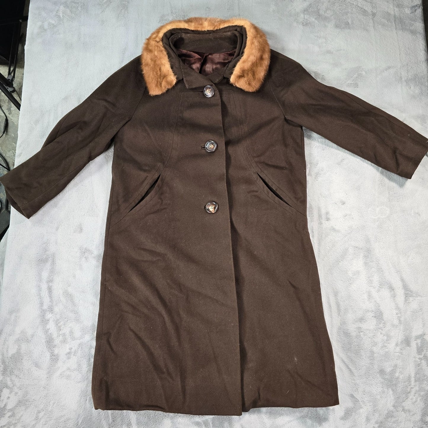 Vintage 1950s Unbranded Chocolate Brown Wool Faux Fur Collar Overcoat (M/L)