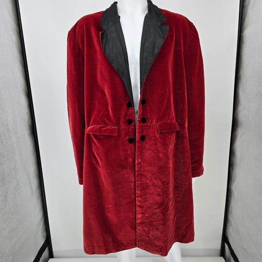 Vintage 1980s Men's Red Velvet Open Front Theatrical/Costume Frock Coat (L)