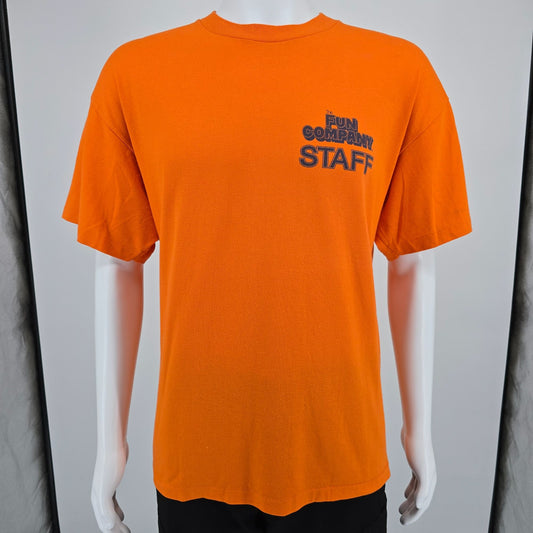 Vintage 1990s Oneita Power/50 Plus Orange The Fun Company Staff T-Shirt (XL)