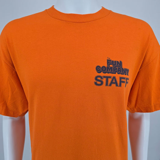 Vintage 1990s Oneita Power/50 Plus Orange The Fun Company Staff T-Shirt (XL)