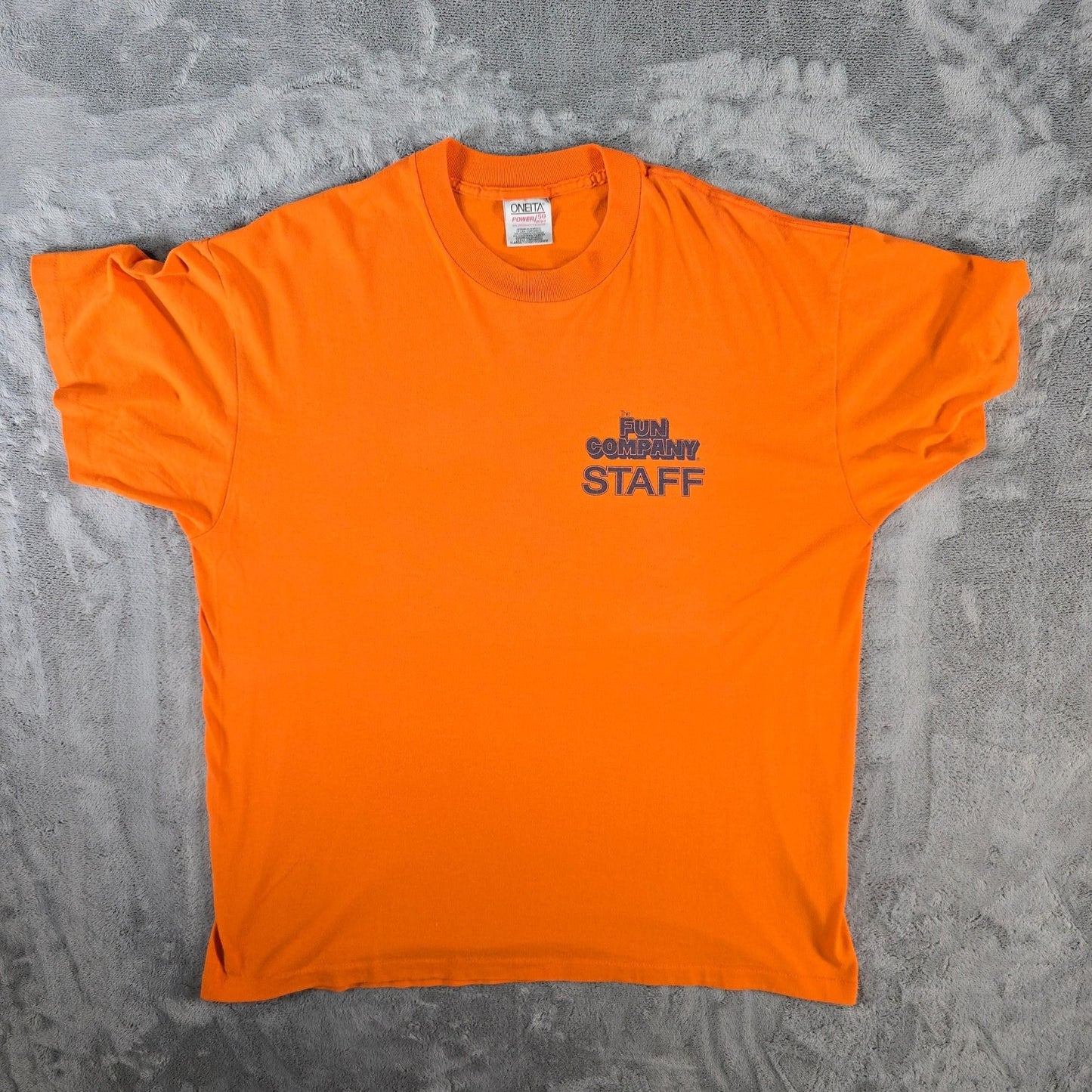 Vintage 1990s Oneita Power/50 Plus Orange The Fun Company Staff T-Shirt (XL)
