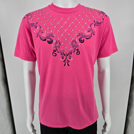 Vintage 1990s Hanes Embellished Glitter Yoke Baroque Scroll Design T-Shirt (M/L)