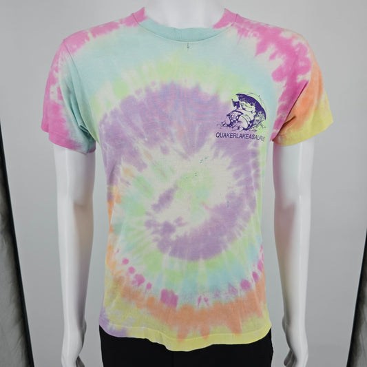 Distressed Vintage 1990s Quaker Lake Quakerlakeasaurus Tie-Dye T-Shirt (S/M)