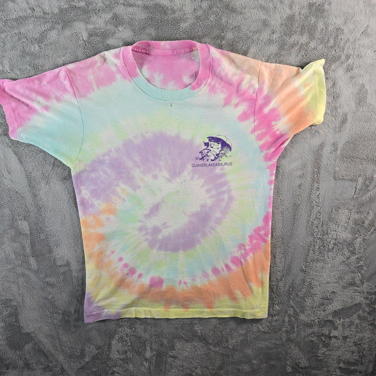 Distressed Vintage 1990s Quaker Lake Quakerlakeasaurus Tie-Dye T-Shirt (S/M)