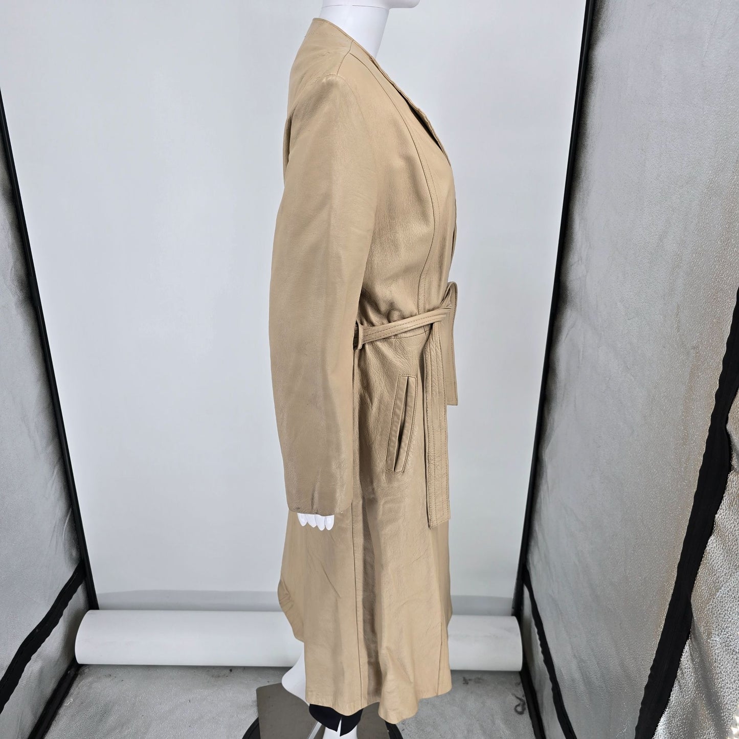 Vintage Late 1970s Vincent's Indiana Beige Leather Wrap Belted Coat (M) *Fair