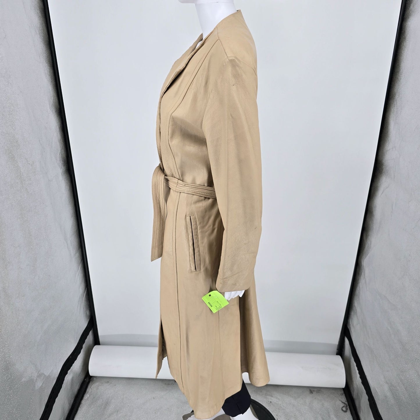 Vintage Late 1970s Vincent's Indiana Beige Leather Wrap Belted Coat (M) *Fair
