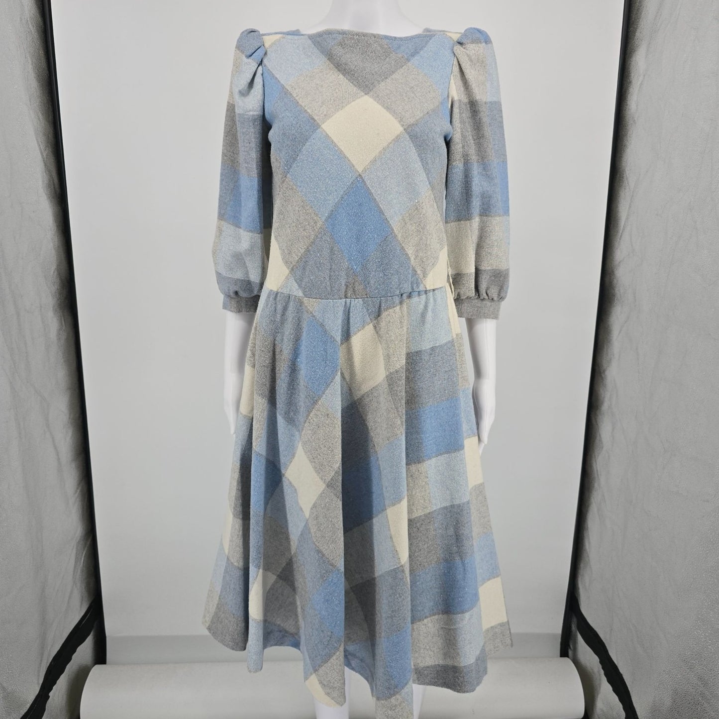 Vintage 1980s Pea Patch New York Plaid Puff Sleeve Midi Prairie Dress (S)