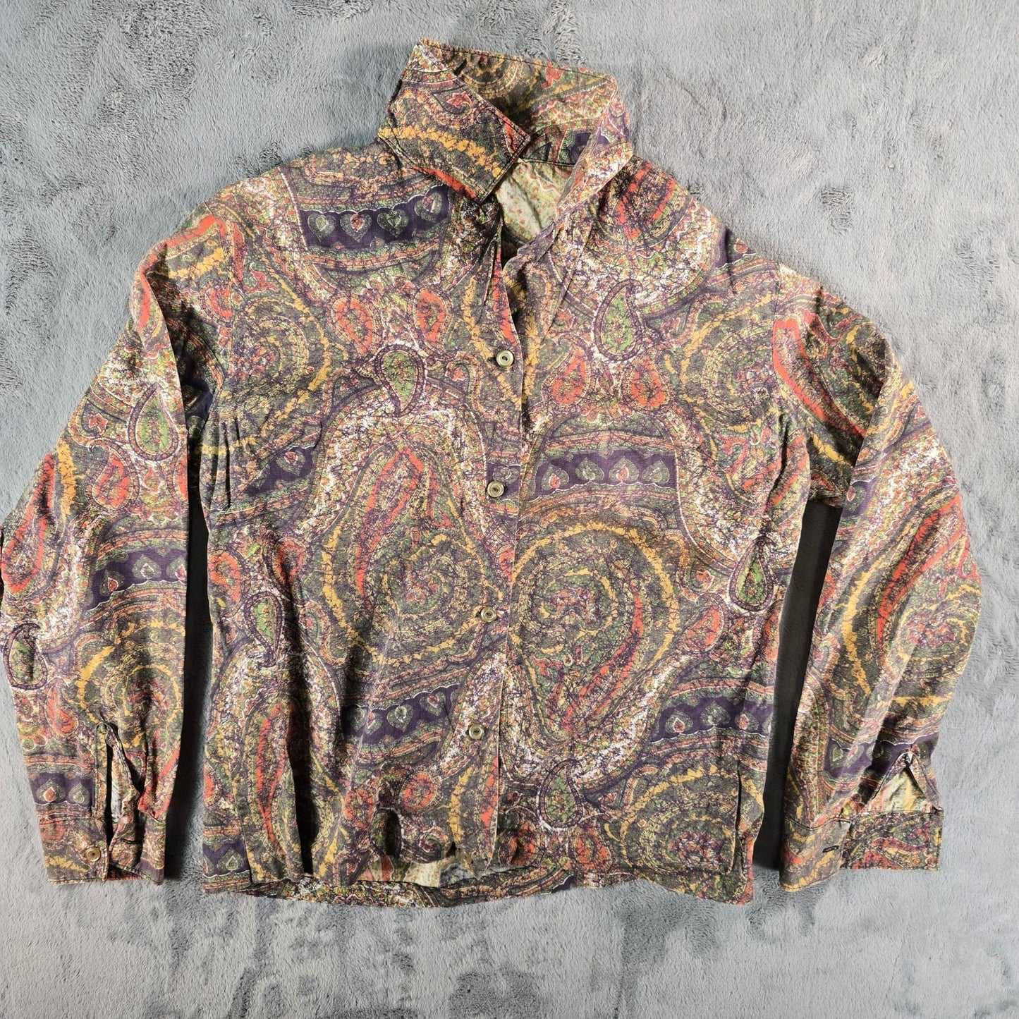 Vintage 1970s Women's Zantrel Rayon/Cotton Paisley Print Long Sleeve Shirt (L)