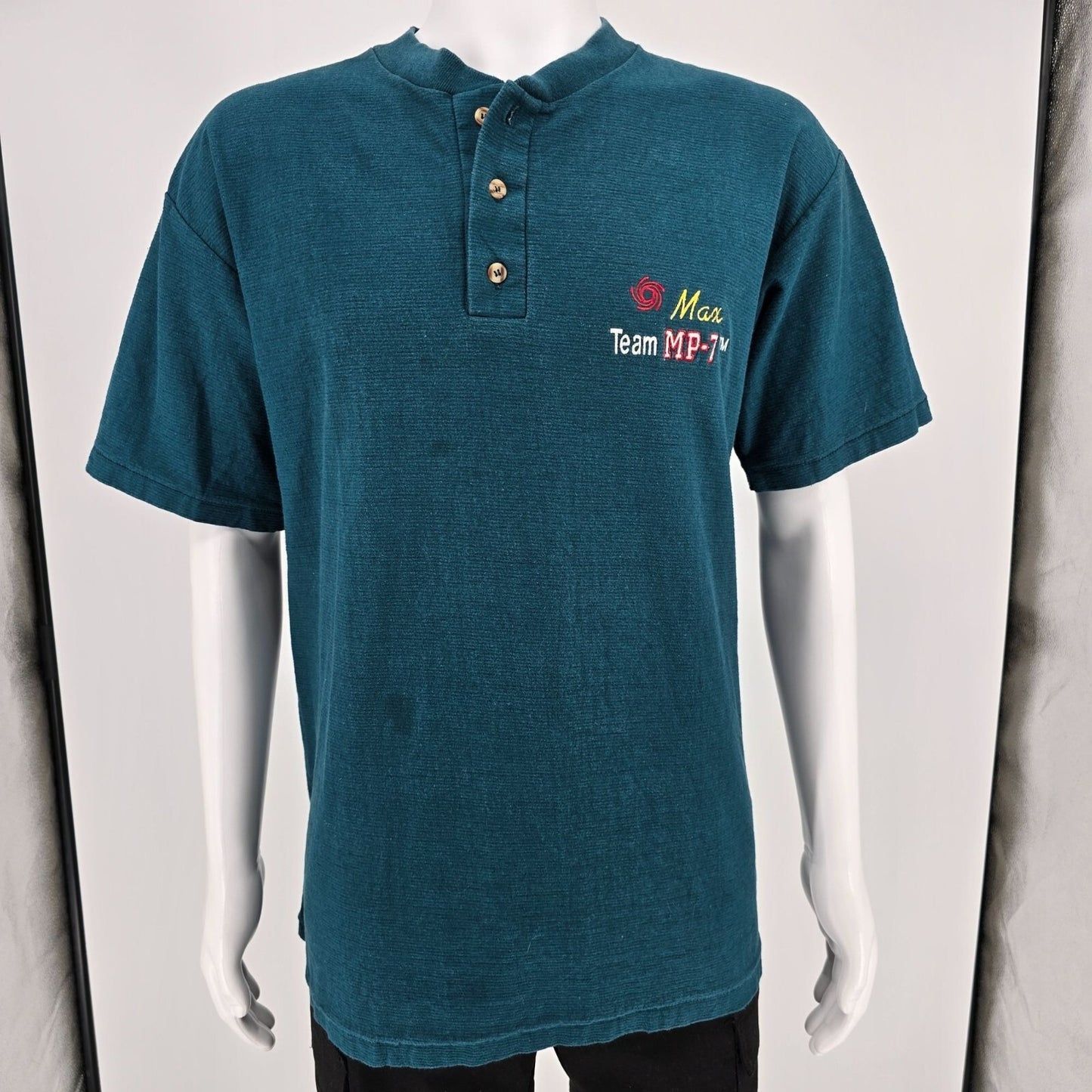 Vintage 1990s Oneita Heavyweight Max Team MP-7 Embroidered Henley T-Shirt (L/XL)