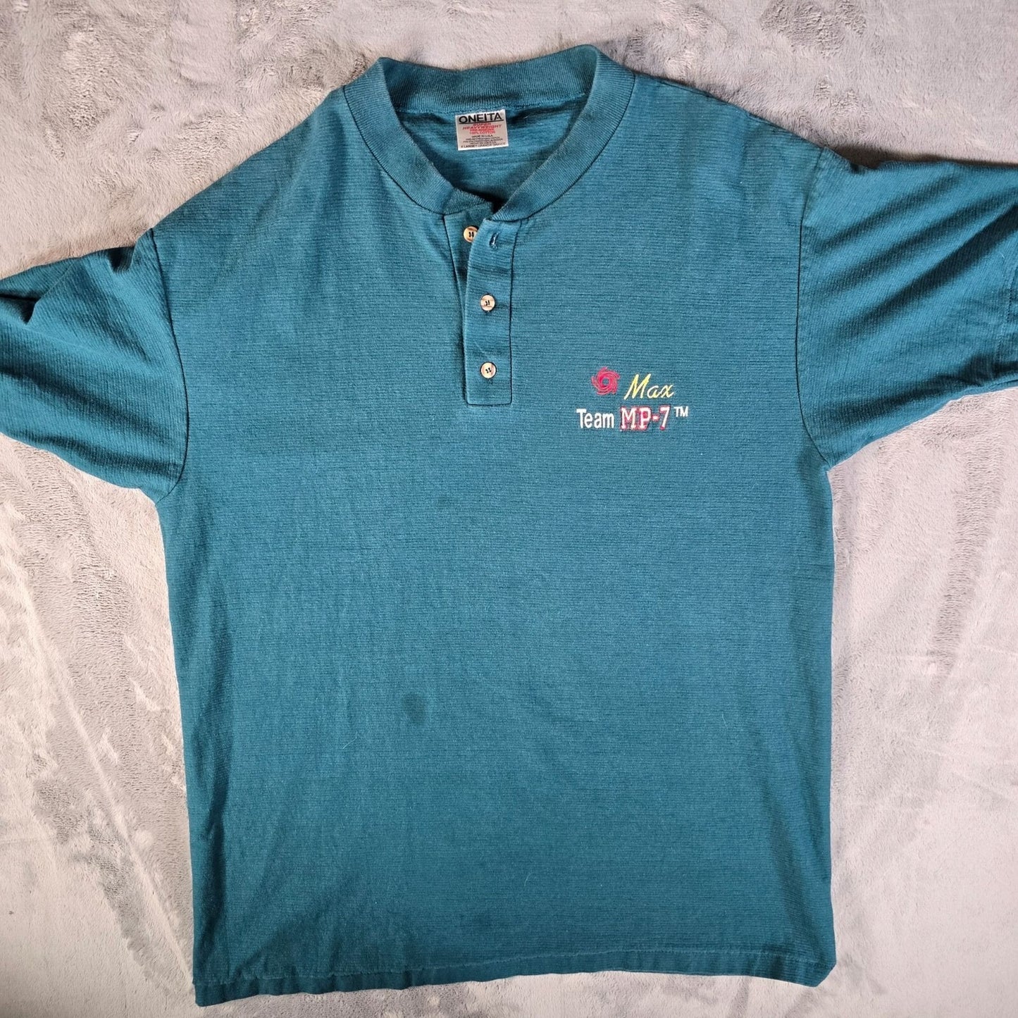 Vintage 1990s Oneita Heavyweight Max Team MP-7 Embroidered Henley T-Shirt (L/XL)
