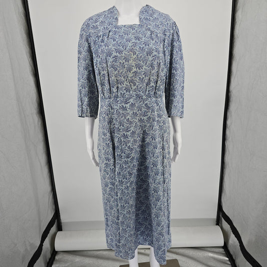 Vintage 1940s Handmade Floral Stripe Snap Shoulder Square Neck Day Dress (L)