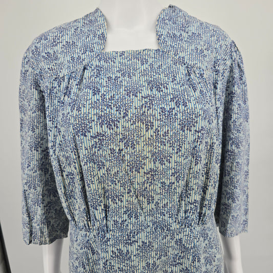 Vintage 1940s Handmade Floral Stripe Snap Shoulder Square Neck Day Dress (L)
