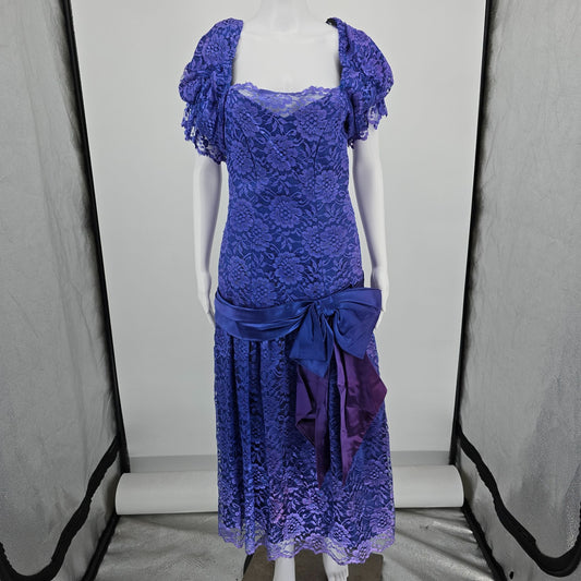 Distressed Vintage 1980s Purple Lace Puff Sleeve Drop Waist Prom Dress (S)