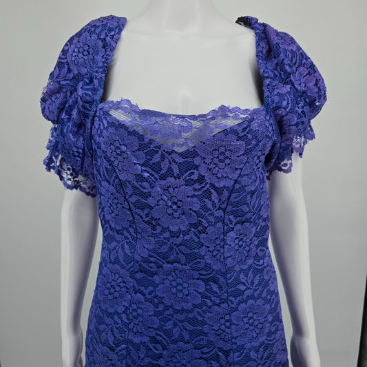 Distressed Vintage 1980s Purple Lace Puff Sleeve Drop Waist Prom Dress (S)