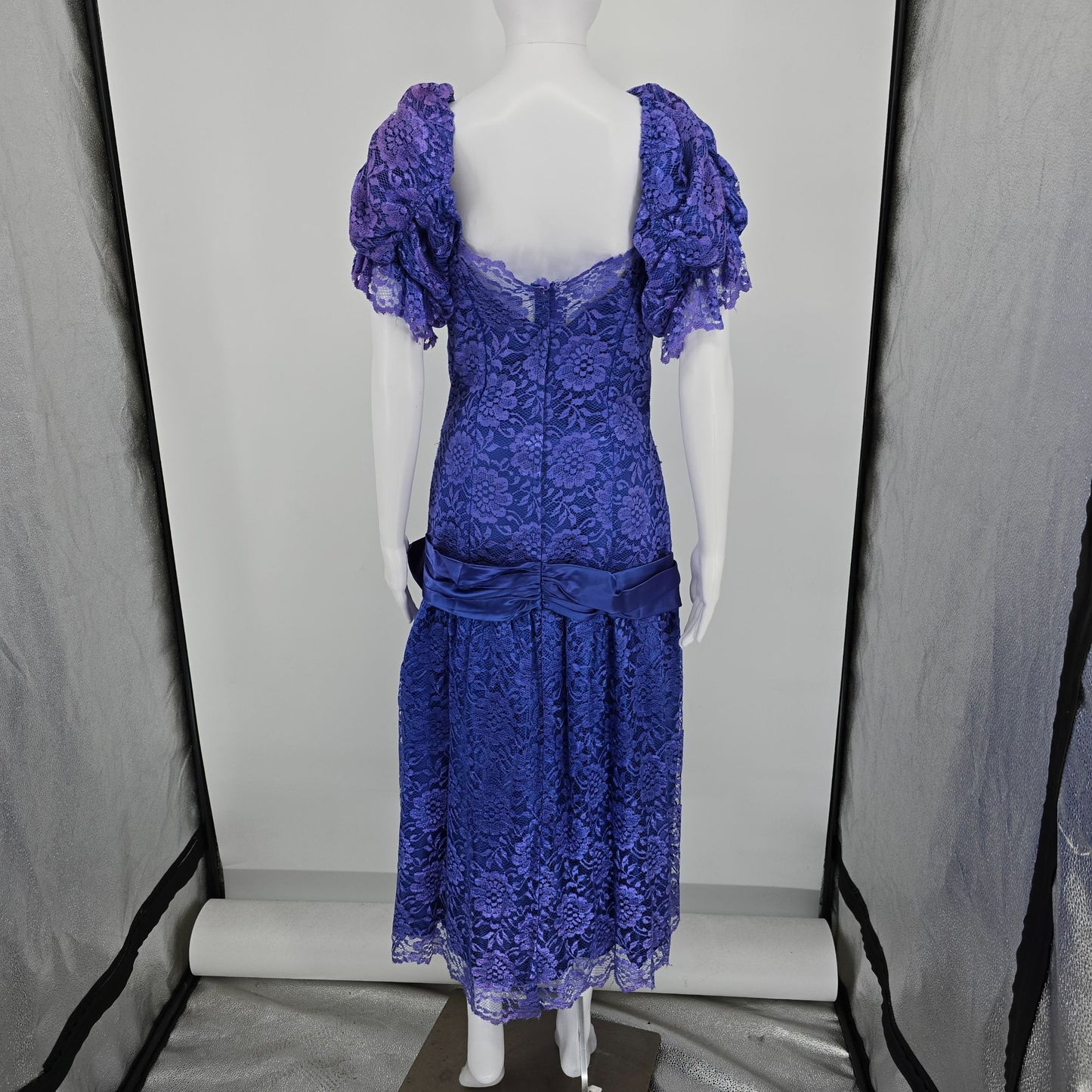 Distressed Vintage 1980s Purple Lace Puff Sleeve Drop Waist Prom Dress (S)
