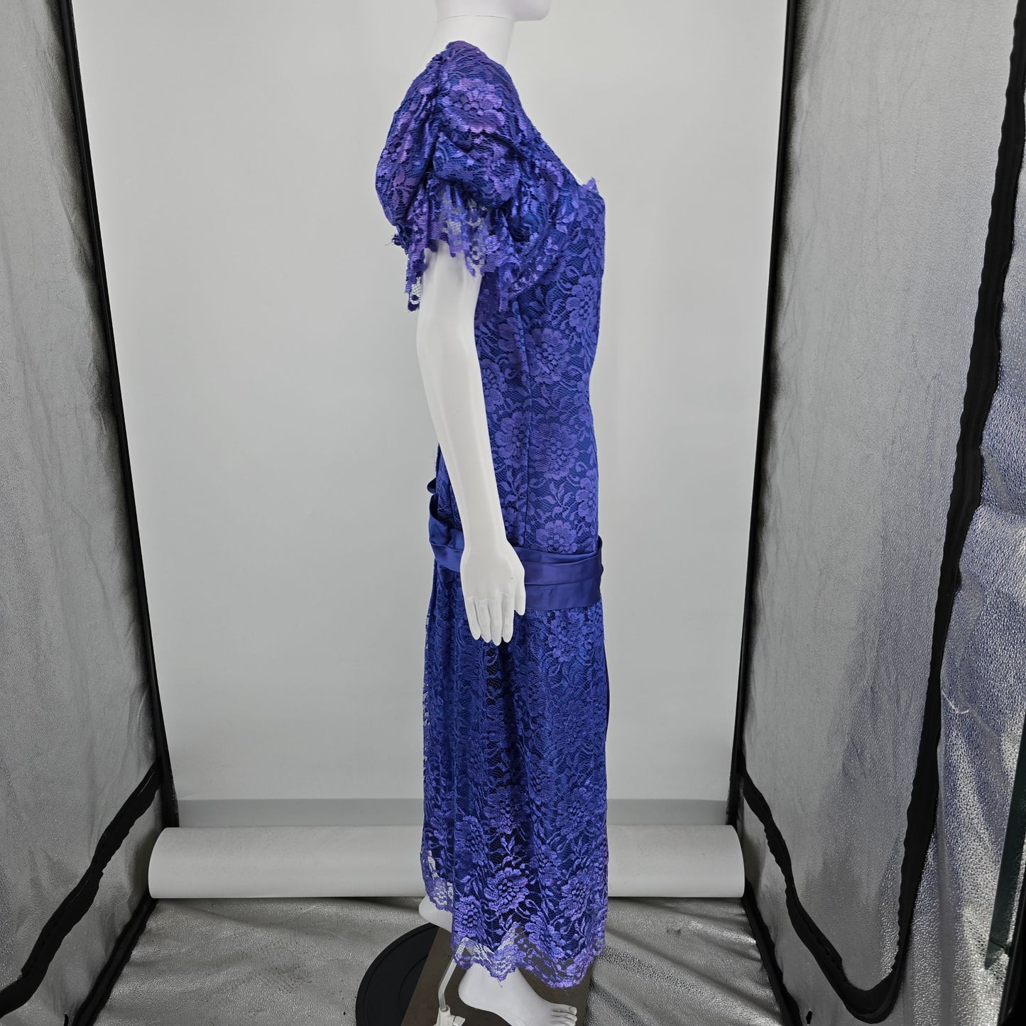 Distressed Vintage 1980s Purple Lace Puff Sleeve Drop Waist Prom Dress (S)