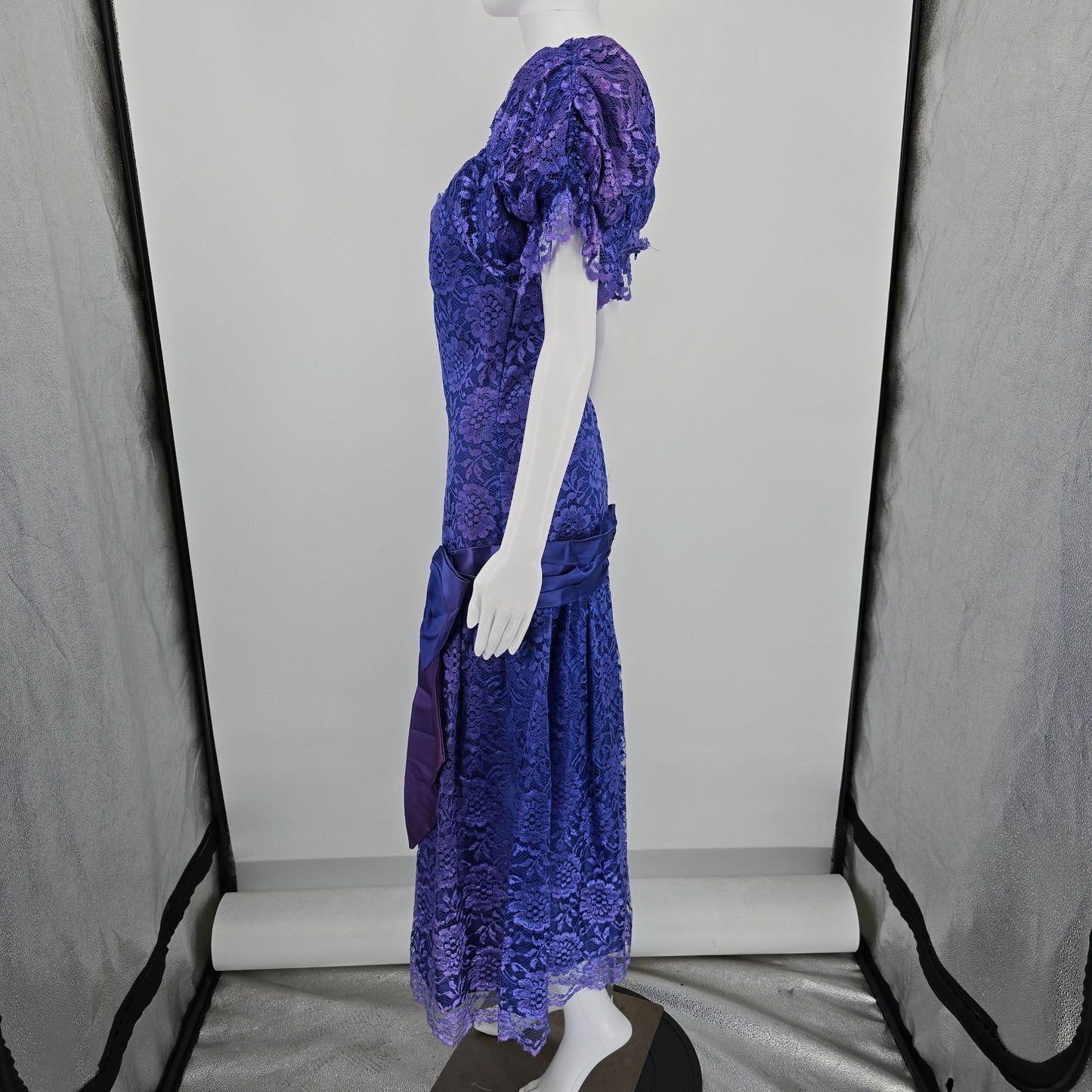 Distressed Vintage 1980s Purple Lace Puff Sleeve Drop Waist Prom Dress (S)