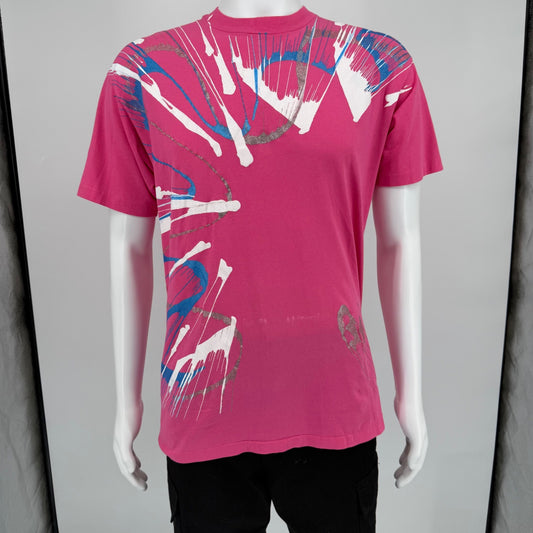 Vintage 1990s Pink Absract Glitter Paint Splatter Wearable Art T-Shirt (M)