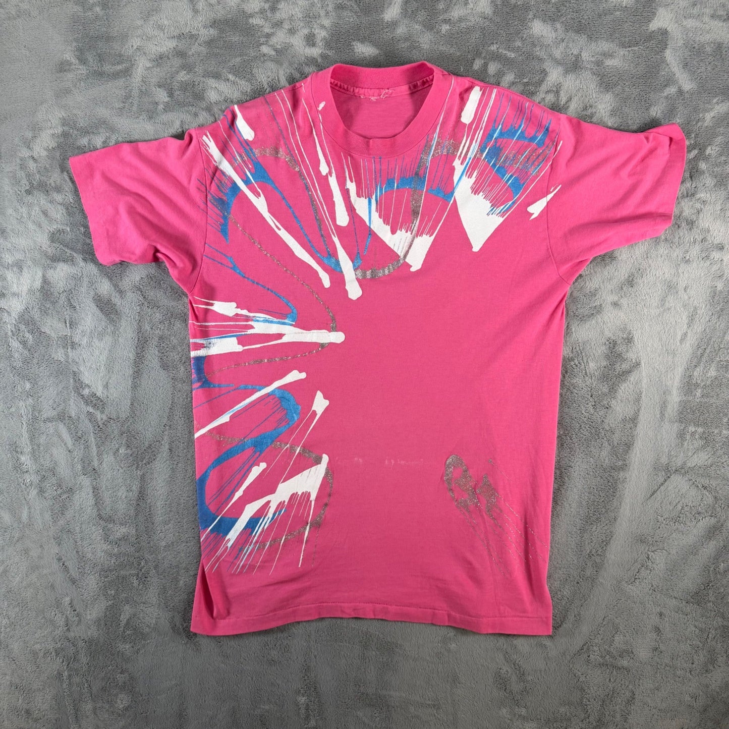 Vintage 1990s Pink Absract Glitter Paint Splatter Wearable Art T-Shirt (M)