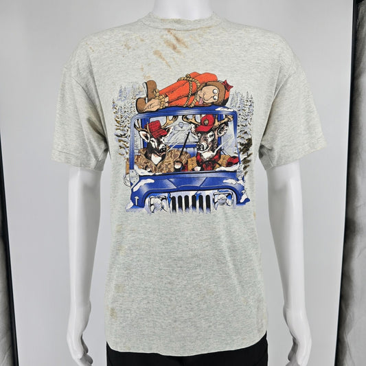 Distressed Vintage 1990s Deer Hunters Jeep Novelty Single Stitch T-Shirt (XL)