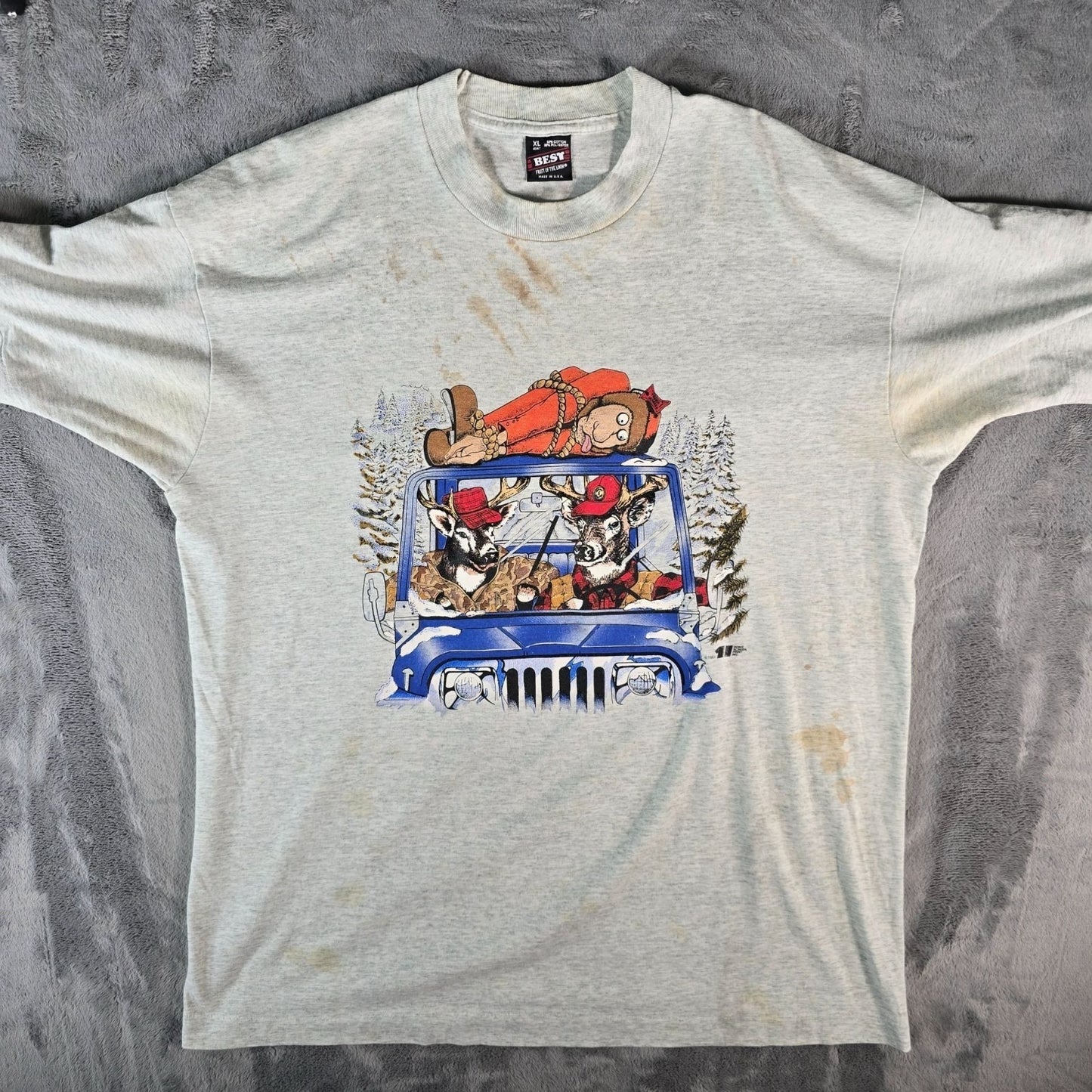 Distressed Vintage 1990s Deer Hunters Jeep Novelty Single Stitch T-Shirt (XL)
