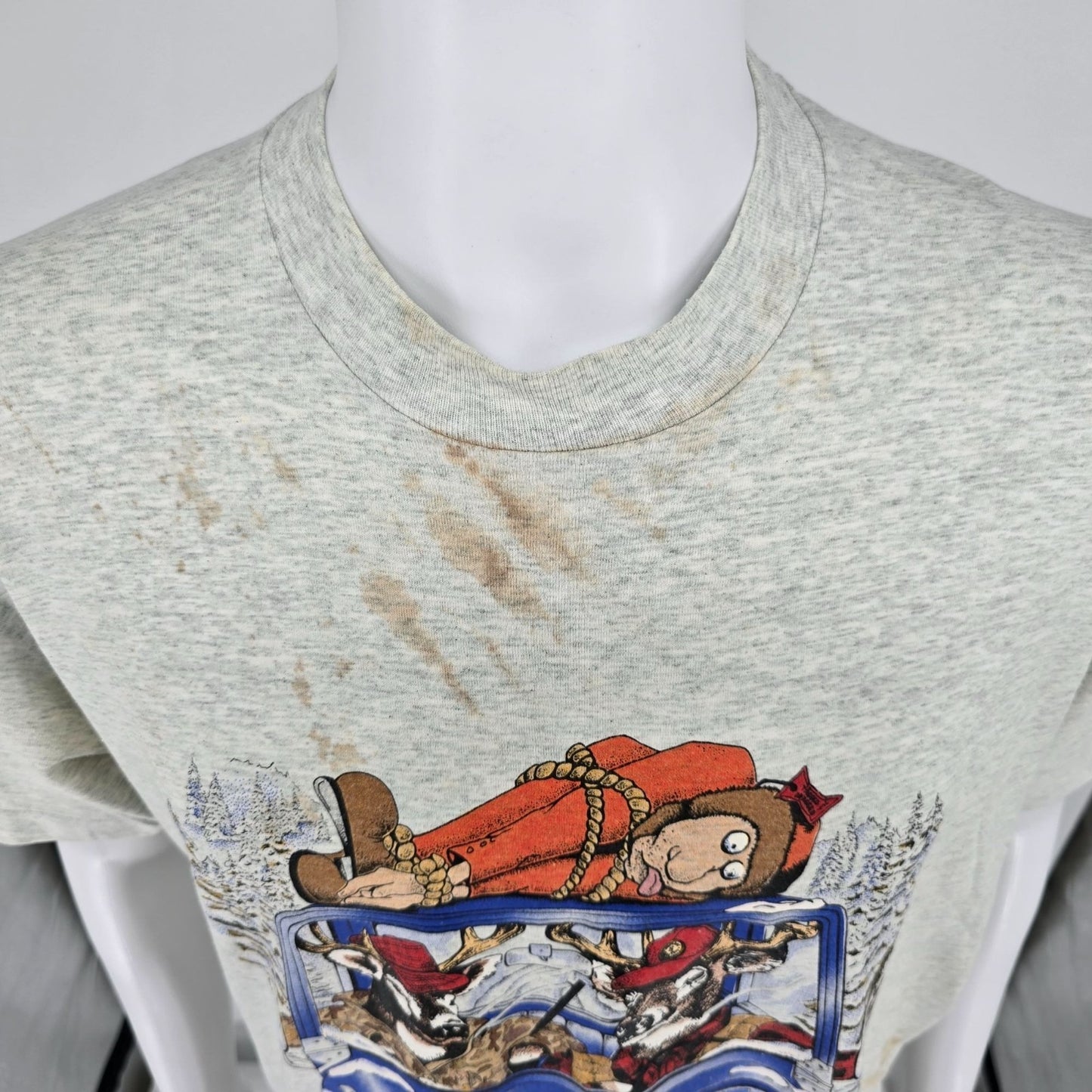 Distressed Vintage 1990s Deer Hunters Jeep Novelty Single Stitch T-Shirt (XL)