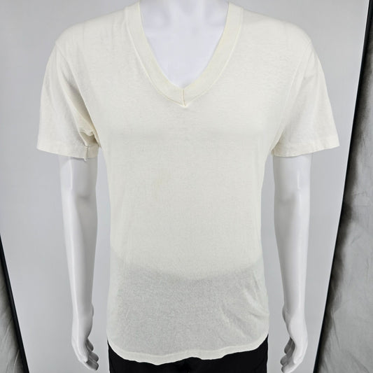 Vintage 1990s Hanes Blank White Single Stitch V-Neck Cotton T-Shirt (M)