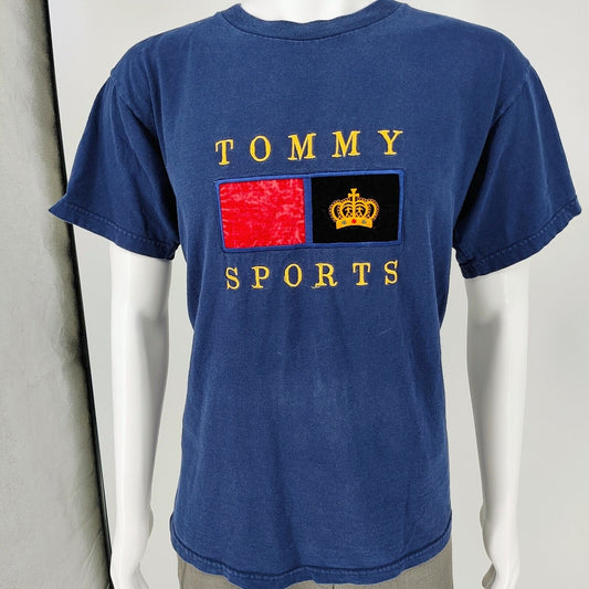 Vintage Hilfiger Tommy Sports Embroidered Velvet Logo Blue T-Shirt (Medium)