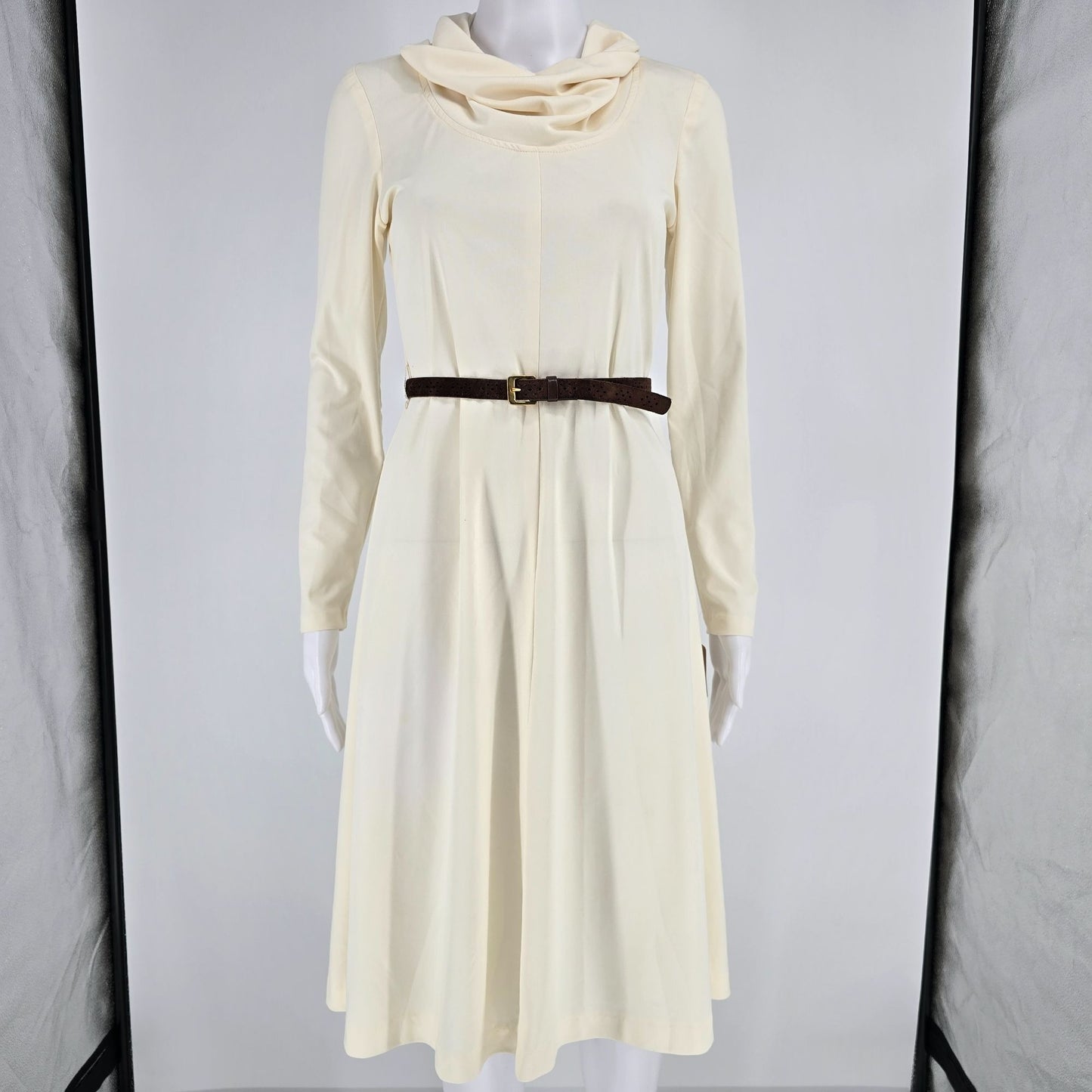 Vintage Late 1960s Cream Cowl Neck Long Sleeve Knit Midi Dress w/ Suede Belt (S)