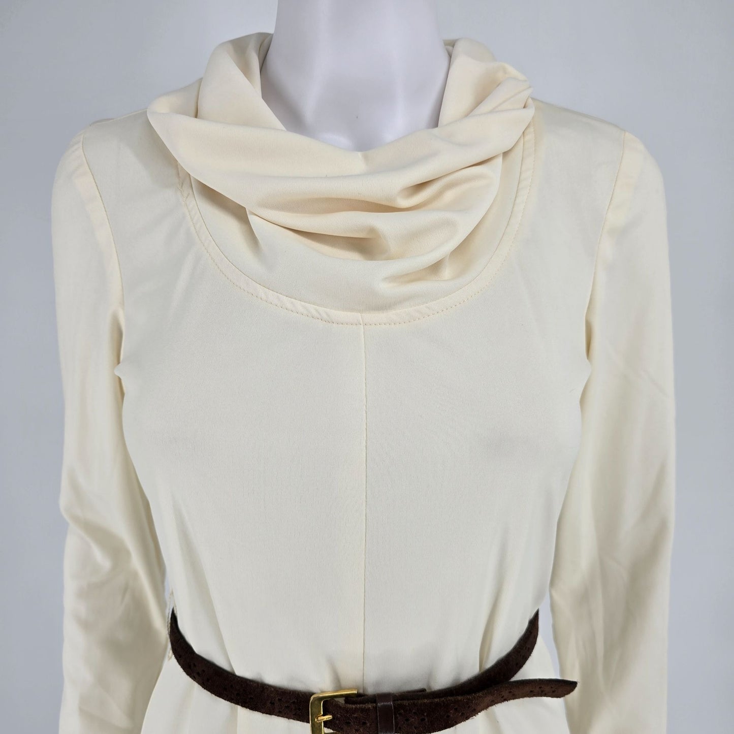 Vintage Late 1960s Cream Cowl Neck Long Sleeve Knit Midi Dress w/ Suede Belt (S)