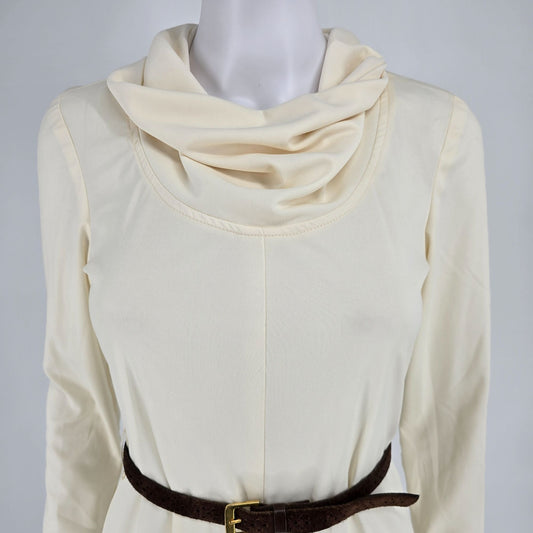 Vintage Late 1960s Cream Cowl Neck Long Sleeve Knit Midi Dress w/ Suede Belt (S)