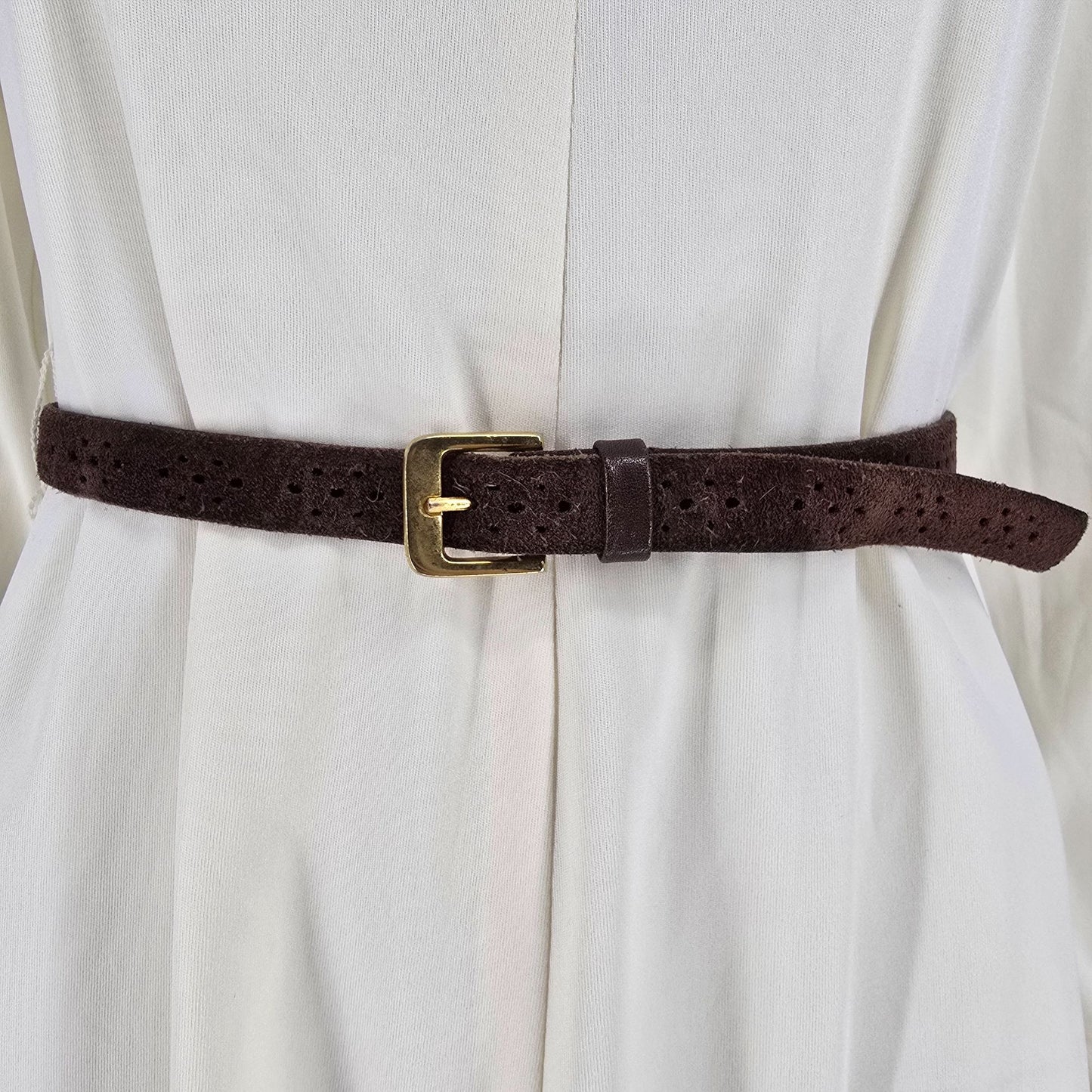 Vintage Late 1960s Cream Cowl Neck Long Sleeve Knit Midi Dress w/ Suede Belt (S)