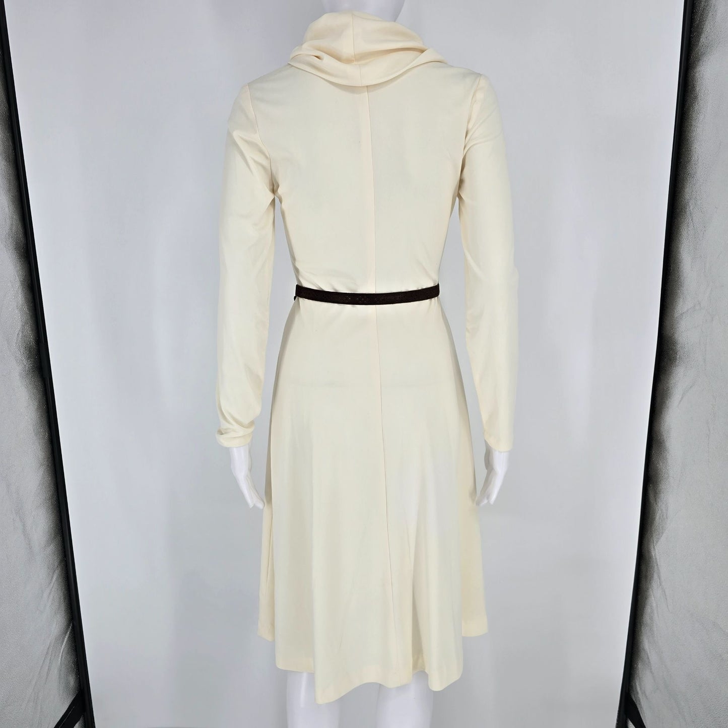 Vintage Late 1960s Cream Cowl Neck Long Sleeve Knit Midi Dress w/ Suede Belt (S)