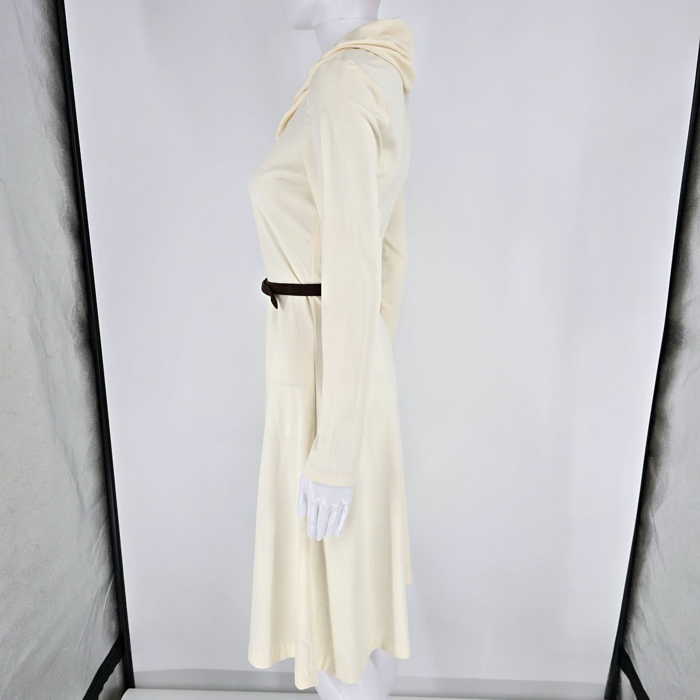 Vintage Late 1960s Cream Cowl Neck Long Sleeve Knit Midi Dress w/ Suede Belt (S)