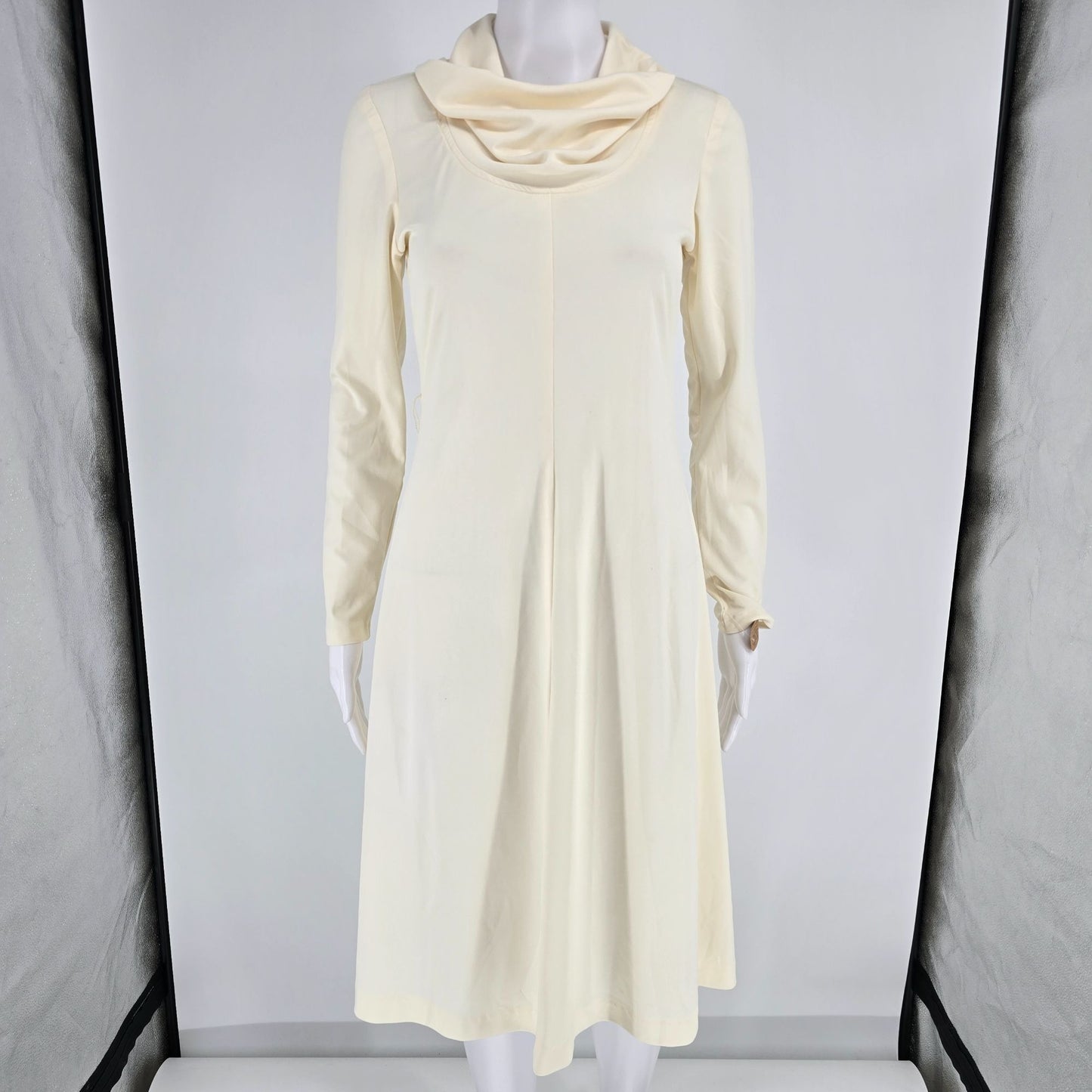 Vintage Late 1960s Cream Cowl Neck Long Sleeve Knit Midi Dress w/ Suede Belt (S)