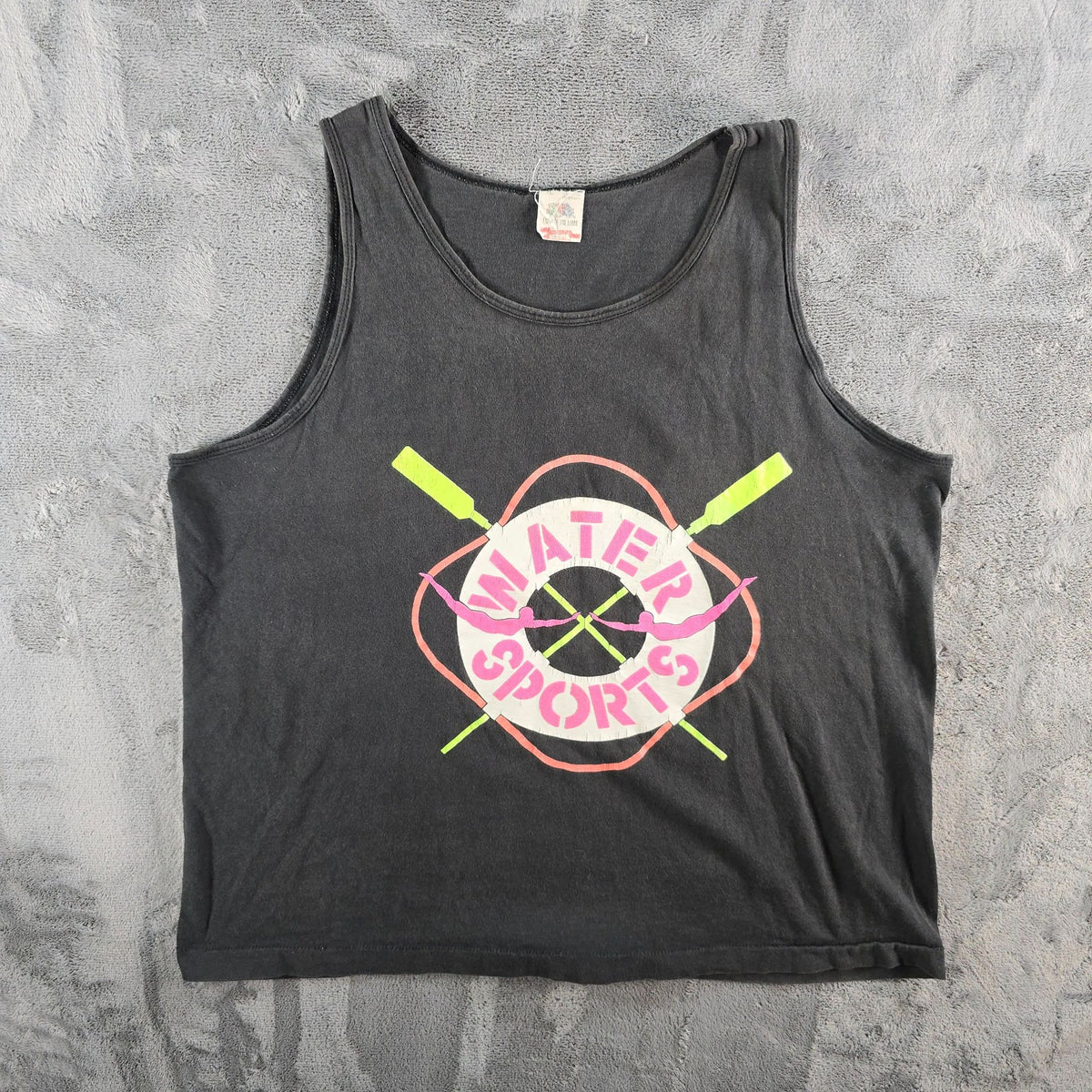 Distressed Vintage Late 1980s Fruit of the Loom "Water Sports" Tank Top (XL)