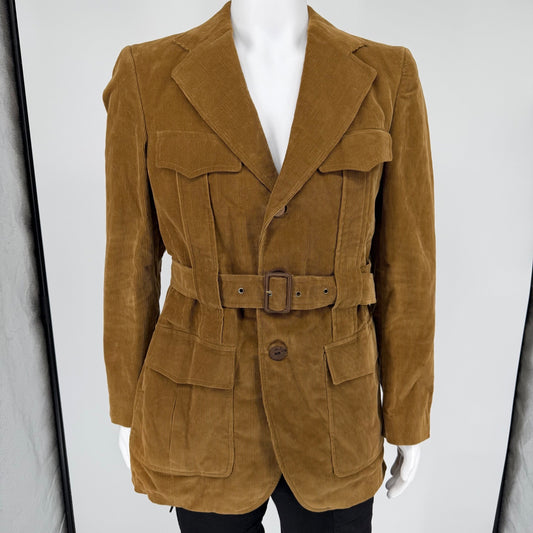 Vintage 1970s Cortefiel Made in Spain Corduroy Belted Safari Blazer Jacket (M)