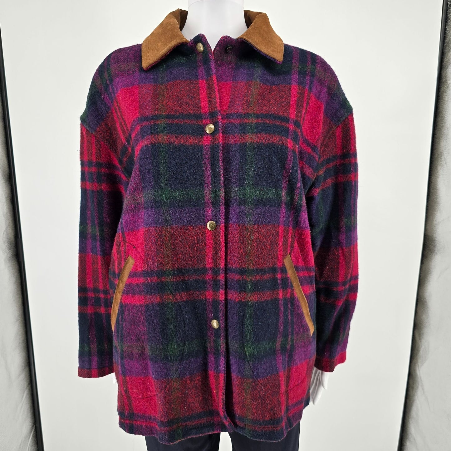 Vintage 1990s Braetan Made in USA Plaid Wool Blend Snap Button Jacket (M)